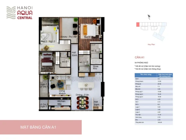 Mặt bằng căn hộ điển hình 4 phòng ngủ